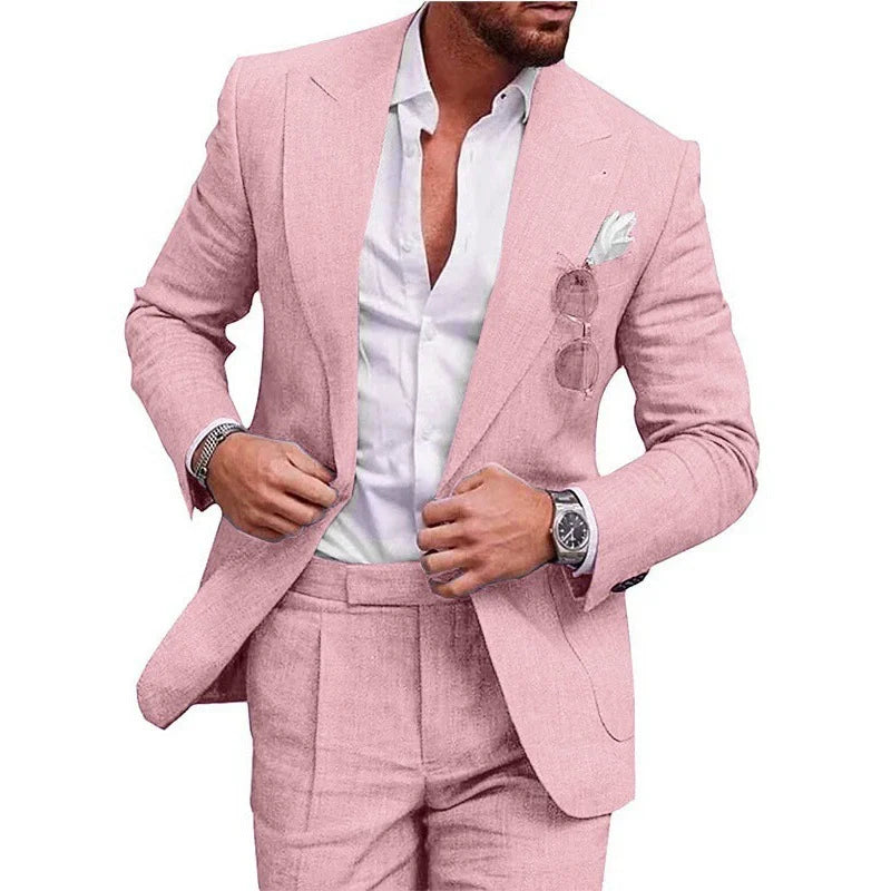 Mens Linen Suit for Beach Wedding Slim Fit 2 Piece Wedding Tuxedo for Men Casual Linen Suit Prom Party Suit