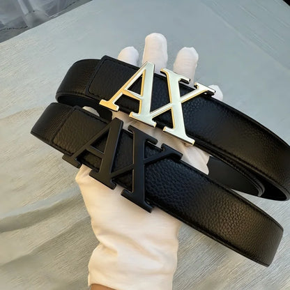 2026 Designer Men's Belt - AX Letter Buckle, 3.8cm Wide, Lychee Pattern, Plain Weave, High-End Fashion, Premium Leather Waistban