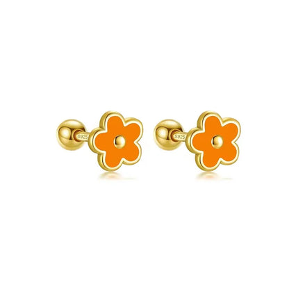 925 Sterling Silver Romantic White Enamel Flower Screw Bead Stud Earrings for Women Fashion Simple Piercing Jewelry Gift