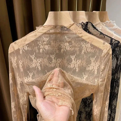 New Women Floral Lace Shirt Spring Autumn Long Sleeve Sexy Mesh Bottoming Shirts Mock Neck Blouse T-Shirt Pullover Top