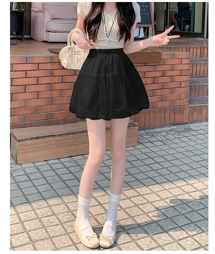 Women Summer 2026 A-Line Mini Skirt Pleated Puffy Short Skirt Korean Fashion Style Flower Bud Skirt Sweet Streetwear Y2k