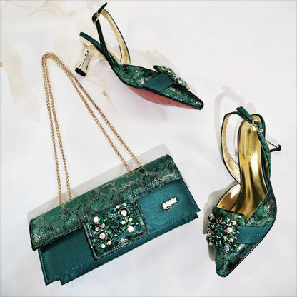 Design Italiano Borboleta Festa Casamento Sandália Bico Fino Slingback com Bolsa Conjunto Dourado