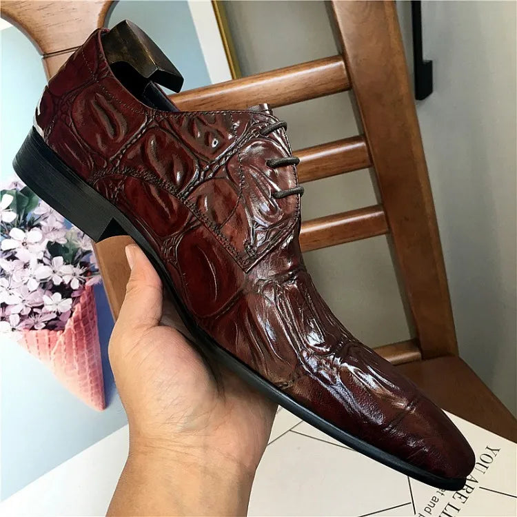 Business Men Crocodile Pattern Cowhide Genuine Leather Dress Shoes Lace Up Pointed Toe Derby Shoes Spring Wedding Formal Shoes