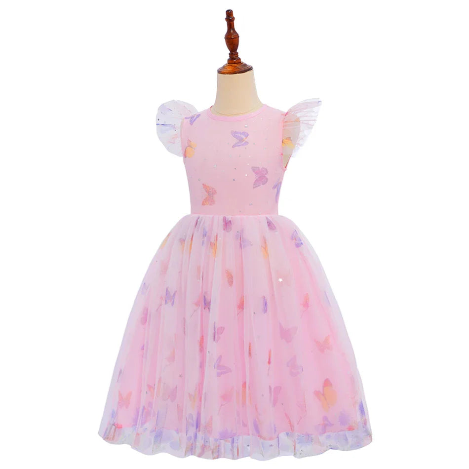 2026 Baby Girl Summer Dresses Kids Pink Butterfly Printed Princess Dress Children Birthday Party Dress Up Girls Fashion Clothes