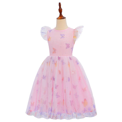 2026 Baby Girl Summer Dresses Kids Pink Butterfly Printed Princess Dress Children Birthday Party Dress Up Girls Fashion Clothes
