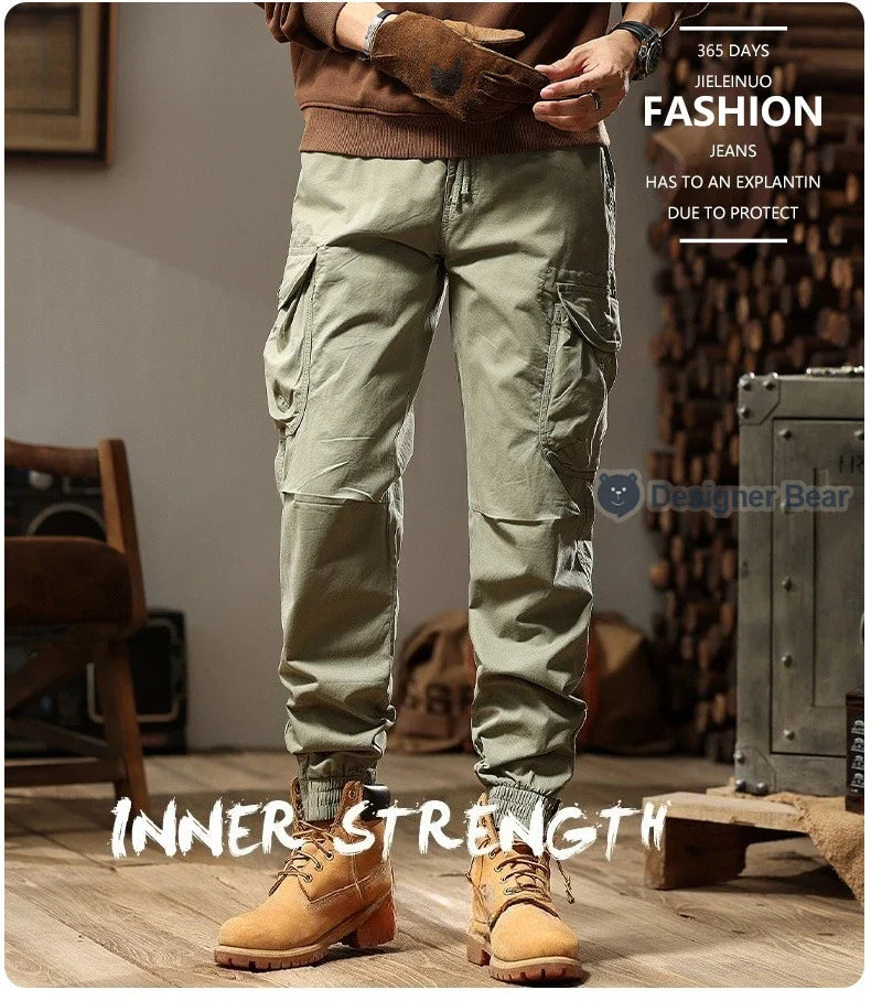 Brand Clothing 2026 Spring Summer Men's Baggy Cargo Pants Multi-Pocket Work Joggers Casual Cotton Tapered Trousers Long Pants
