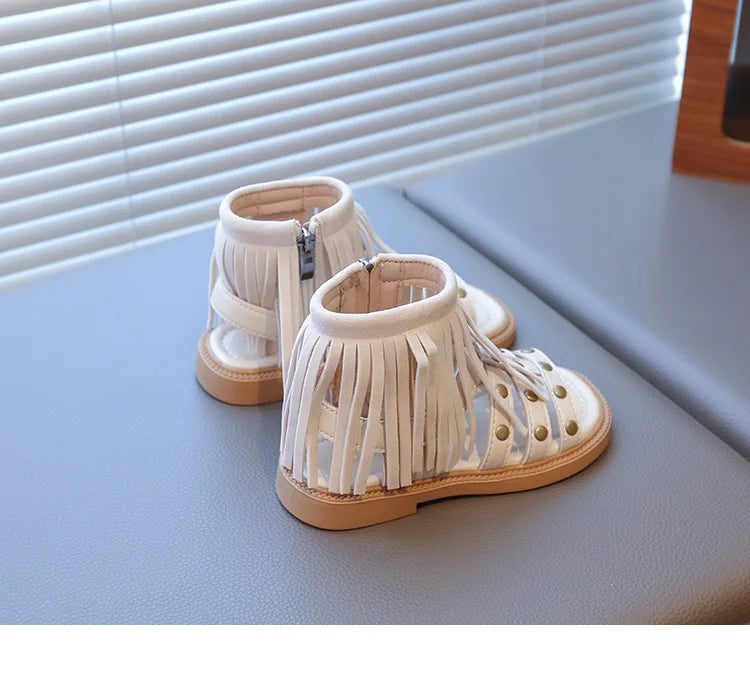 England Style Fashion Tassel Sandals Summer New Side Zipper Rivet High-top Sandals Student Beige Brown Roman Shoes Fringe I05235