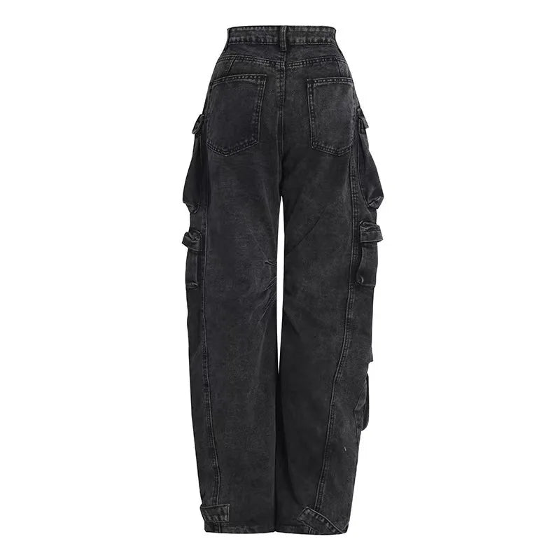 Jeans Feminino Moderno para Trabalho | Jeans Preto e Cinza de Rua com Vários Bolsos | Design Funcional Americano de Cintura Alta