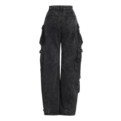 Jeans Feminino Moderno para Trabalho | Jeans Preto e Cinza de Rua com Vários Bolsos | Design Funcional Americano de Cintura Alta