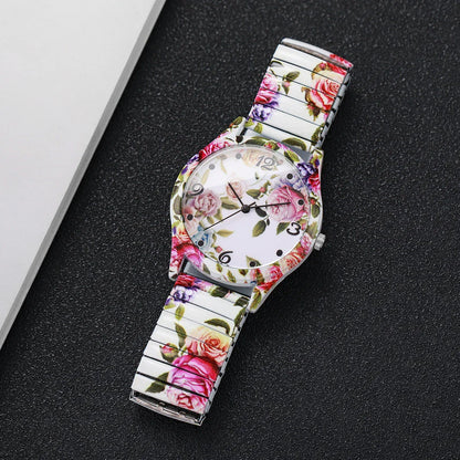 2/3PCS Fashion Flower Printed Women Quartz Wristwatches Set Ladies Casual Elastic Strap Arabic Dial Watch（Without Box）