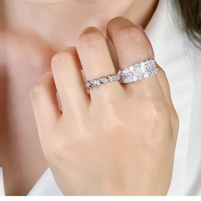 Wide T-shaped diamond ring for women, cool style 925 silver index finger ring, niche design, light luxury daily layering