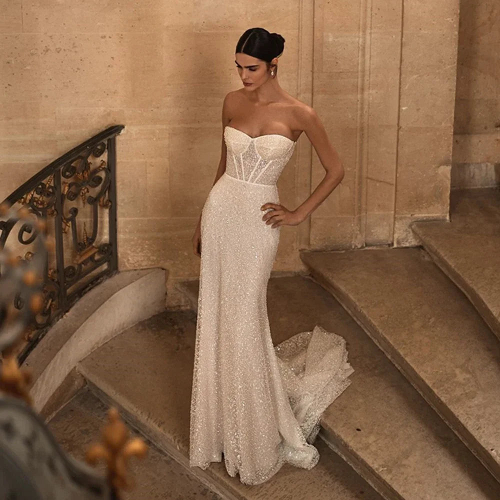 Customized Simple Strapless Mermaid Wedding Dress Shiny Sequin Beading Satin Detachable Train Pleat Bridal Gown Vestido De Novia
