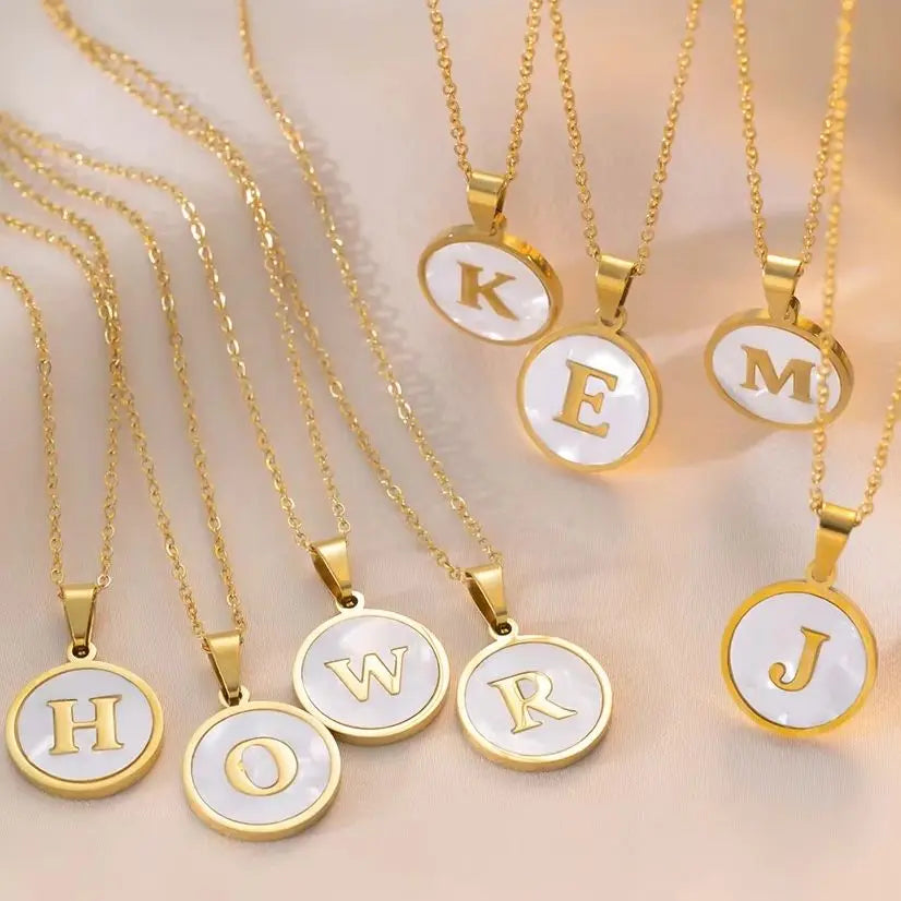 Round Gold Color Initial Letter Necklace Shell Circle Pendant Necklaces For Women Men Stainless Steel Chain Jewelry Gift