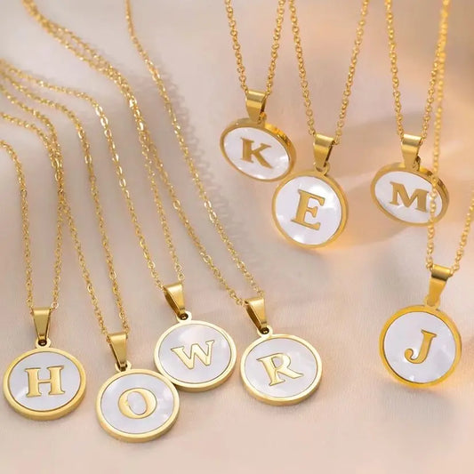 Round Gold Color Initial Letter Necklace Shell Circle Pendant Necklaces For Women Men Stainless Steel Chain Jewelry Gift