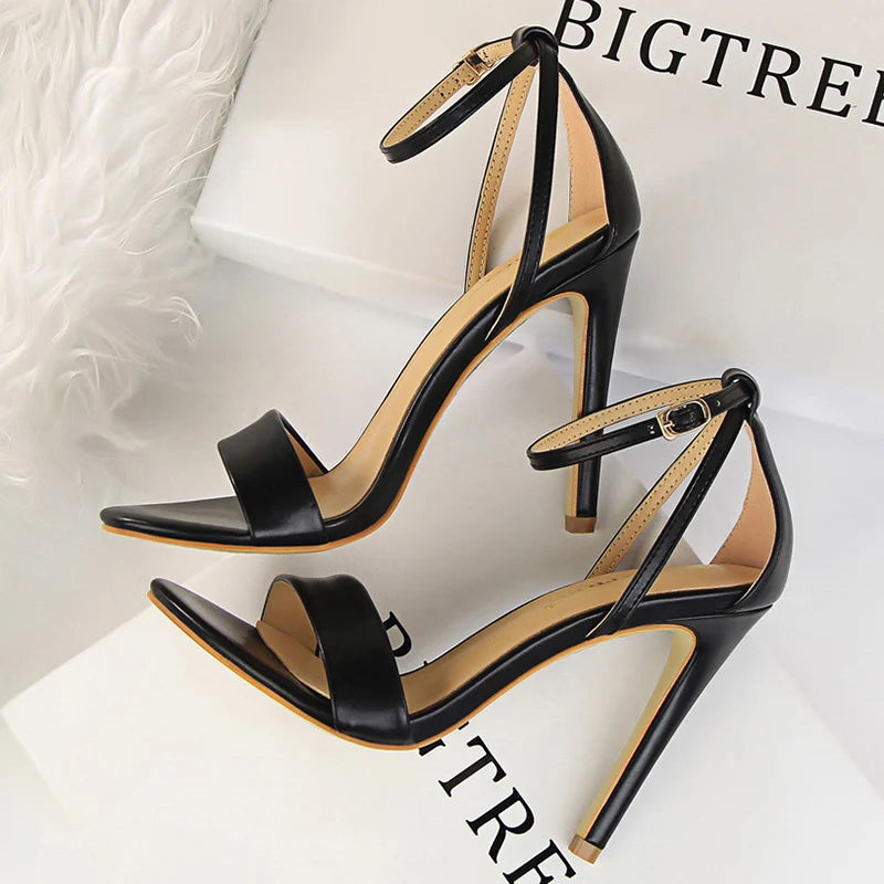 Women Black-White Concise Leather 11cm High Heels Sandals Lady Adjustable Ankle Buckle Shoes Female Fashion Party Dress Shoes