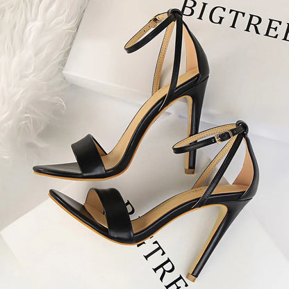 Women Black-White Concise Leather 11cm High Heels Sandals Lady Adjustable Ankle Buckle Shoes Female Fashion Party Dress Shoes