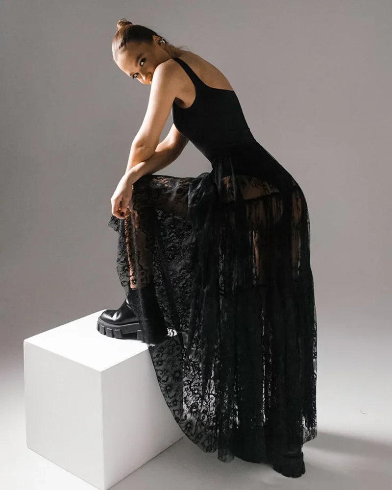 Loose Black Sexy Black Lace Skirt Women Fashion Thin Transparent Casual Hollow Out High Waist Loose A-line Long Skirt Party