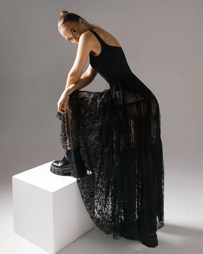 Loose Black Sexy Black Lace Skirt Women Fashion Thin Transparent Casual Hollow Out High Waist Loose A-line Long Skirt Party