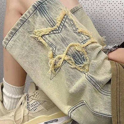 Star Patchwork Yellow Clay Color Jeans Summer Men Denim Shorts Trendy Streetwear Five-point Pants Straight Jeans Shorts
