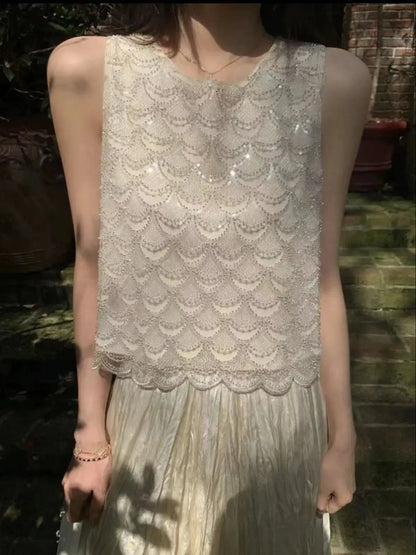 Bling Bling Sequined Tanks Tops Women Fashion Heavy Industry Double-sided Beaded Vest Vacation Leisure Beaded  Chiffon Top