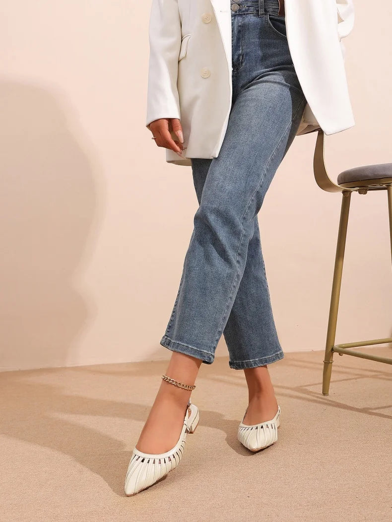 Elegant Pointed Toe Slingback Sandals for Women Summer - Pleated Mesh Low Block Heel Pumps - Adjustable Buckle Strap Dress Shoes