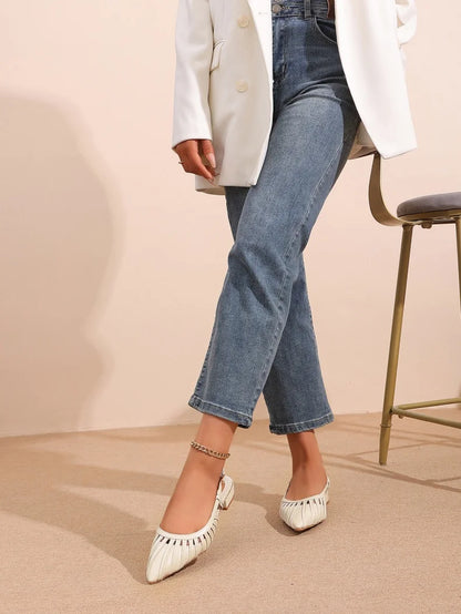 Elegant Pointed Toe Slingback Sandals for Women Summer - Pleated Mesh Low Block Heel Pumps - Adjustable Buckle Strap Dress Shoes