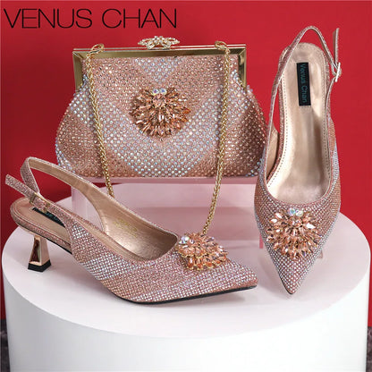 Italian Design Rhinestone Luxury Green Colour Pointed Toe Shoe & Bag Set Women's High Heels for Parties High Quality