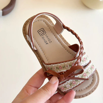 Summer Girl's Sandals Braided Flower Classic Trendy Vintage Kids Sliders Beige Brown Open Toe Holiday Pu Leather Children Shoes