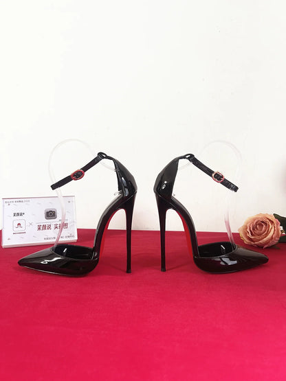 Customized 12cm Ultra High Heels Black Lacquer Classic Thin Heel Bottom Shallow Mouth Fun Women's High Heel Sandals