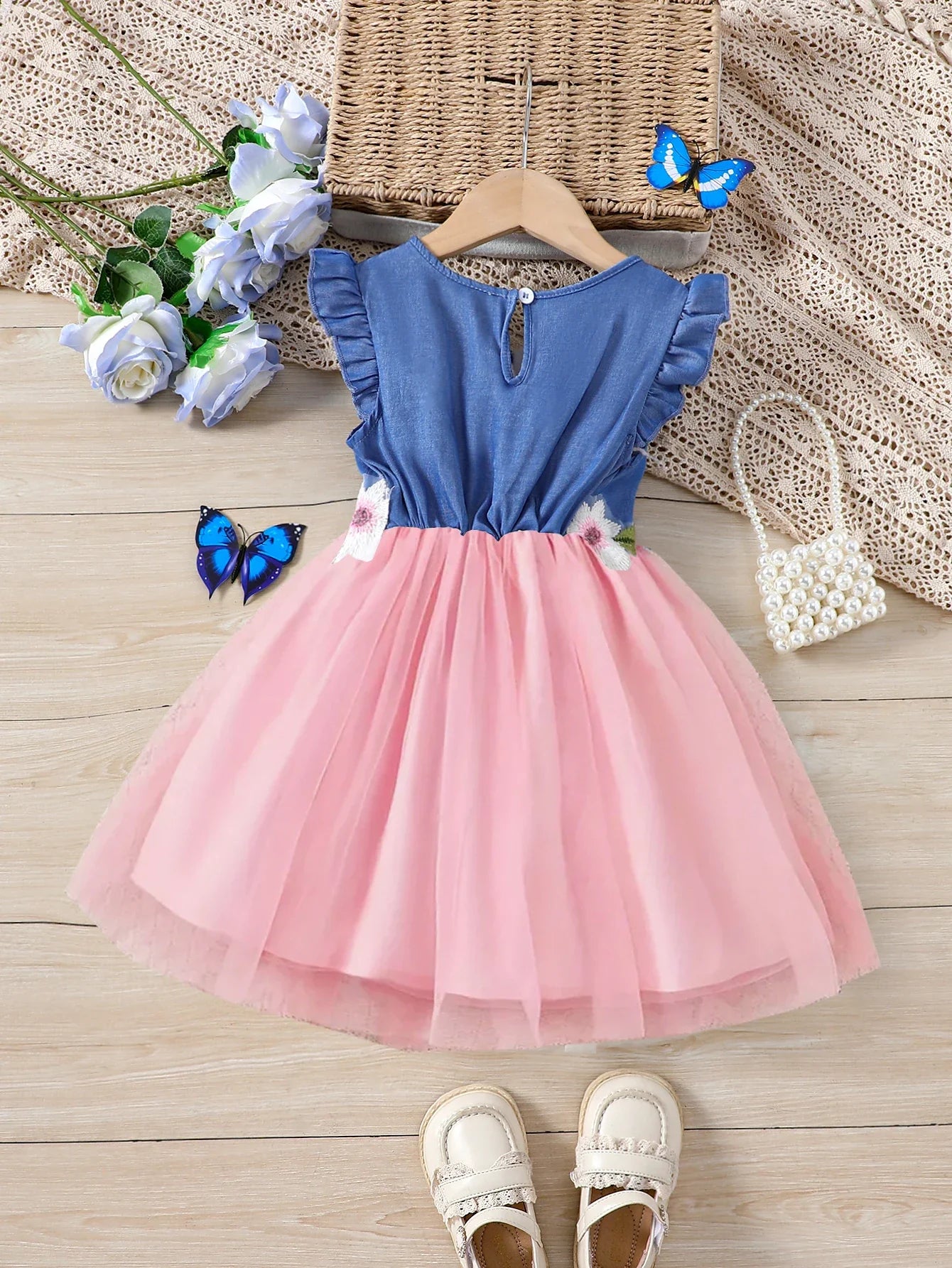 Vestido de Verão de Tela para Meninas, Jeans Falso, Gola Redonda com Babados, Carcela Falsa de Renda Bordada, Praia, Férias, Festa, Presente