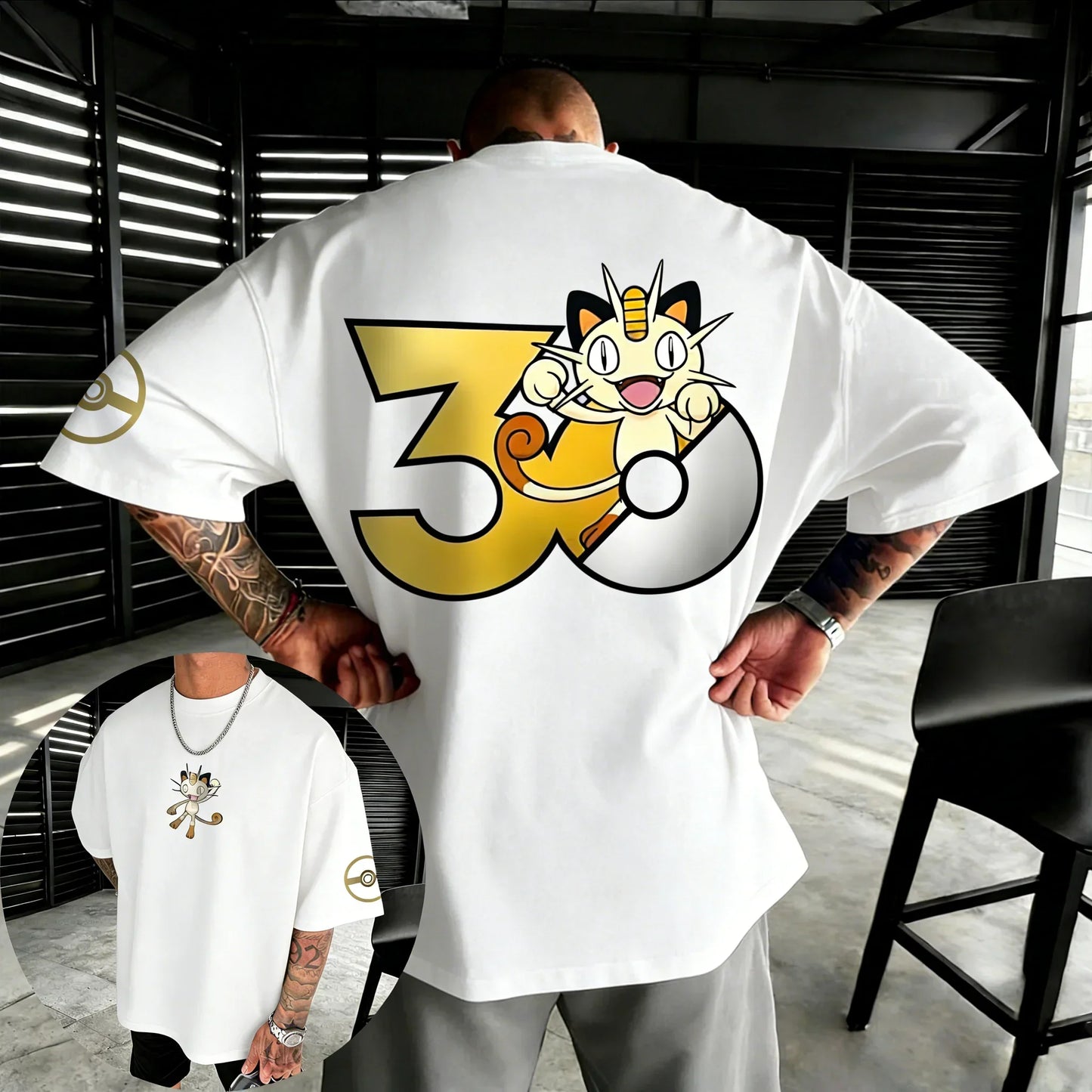 30th Anniversary Meowth Printed T-shirt Summer New Men's and Women's Loose Casual Hip Hop Trendy Short Sleeve Top