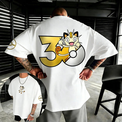 30th Anniversary Meowth Printed T-shirt Summer New Men's and Women's Loose Casual Hip Hop Trendy Short Sleeve Top