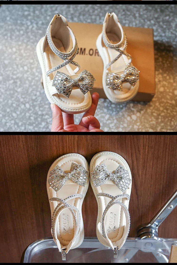 Girls' Shiny Cool Rhinestone Bowknot Children's Sandals 2023 Summer Open-toe Versatile Kids Fashion Back Zipper Casual Shoes New