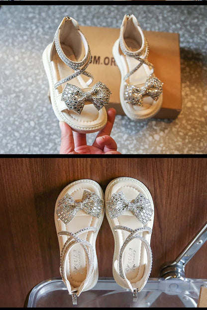 Girls' Shiny Cool Rhinestone Bowknot Children's Sandals 2023 Summer Open-toe Versatile Kids Fashion Back Zipper Casual Shoes New