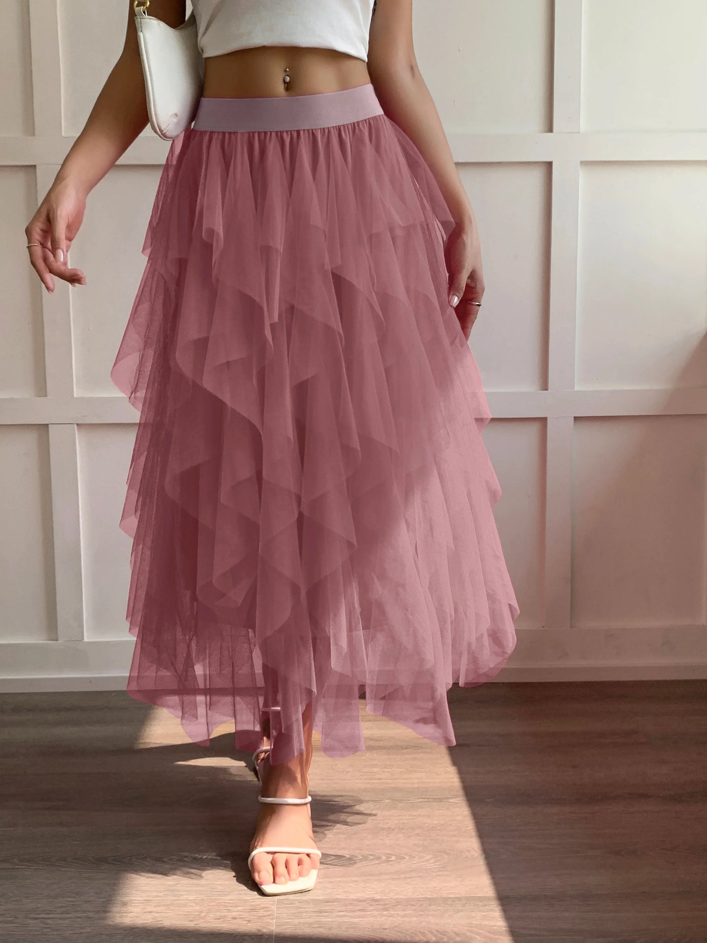 Medium waist chiffon long skirt for women, irregular layered pleated edge layered cake skirt, elegant fairy A-line skirt