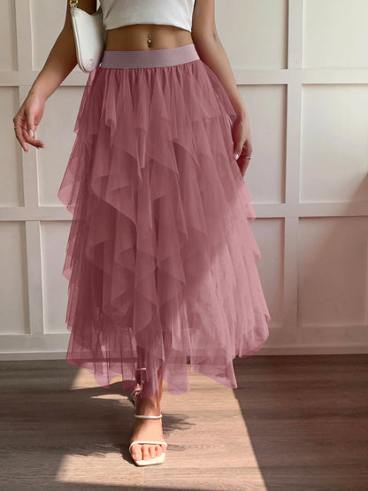 Medium waist chiffon long skirt for women, irregular layered pleated edge layered cake skirt, elegant fairy A-line skirt