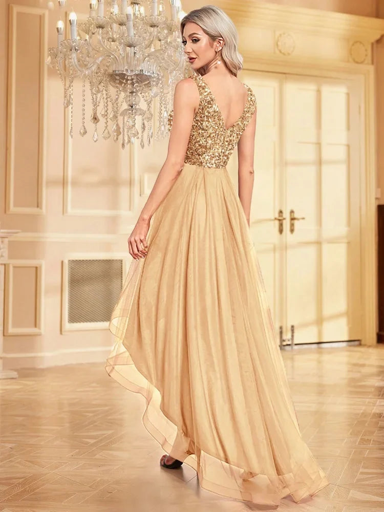 Elegant Women Sleeveless Sequins V-Back Floor Length Formal Evening Dresses Luxury V-neck Wedding Party Cocktail Gowns