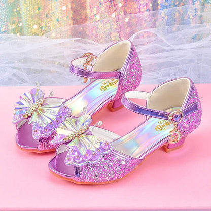 Women's girls' fashionable crystal bow high heels, student princess shoes