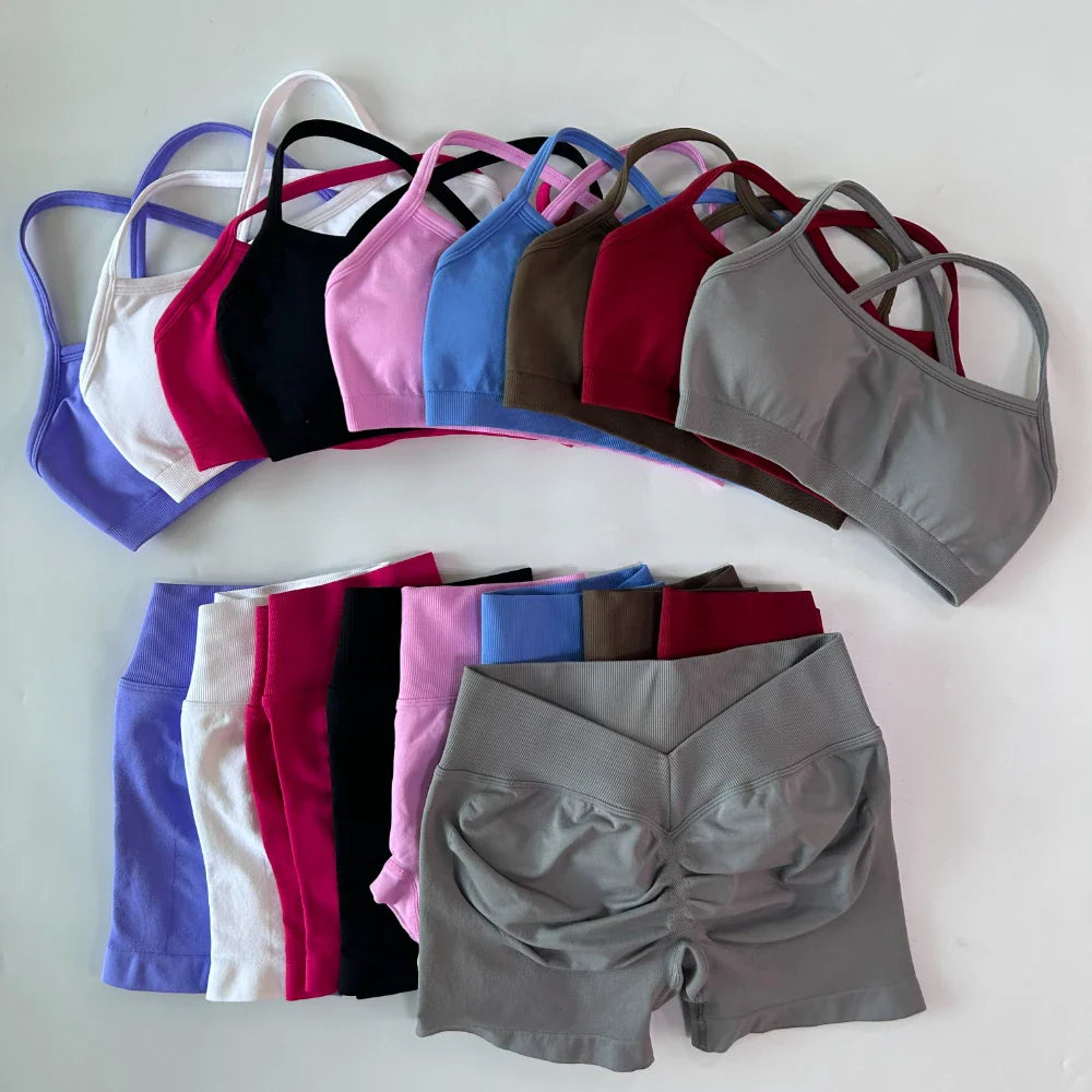 2 Pieces Set For Woman Clothes Seamless Scrunch Yoga Shorts Set Backless ktp Sports Bra Fitness Workout Top Gym Set Outfits