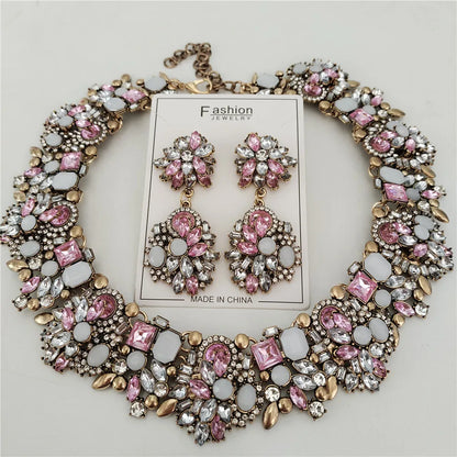 2025 New Fashion Crystal Rhinestones Large Collar Choker Necklace Earrings Women Jewelry Sets Indian Statement Wedding Necklace