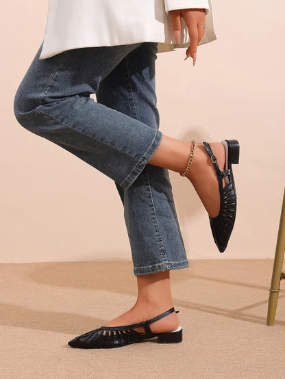 Elegant Pointed Toe Slingback Sandals for Women Summer - Pleated Mesh Low Block Heel Pumps - Adjustable Buckle Strap Dress Shoes