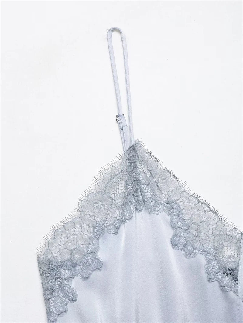Women's Top 2026 New Spring Summer Lace Decoration Satin Textured Top for Women Chic Personality Female Spaghetti Strap Top