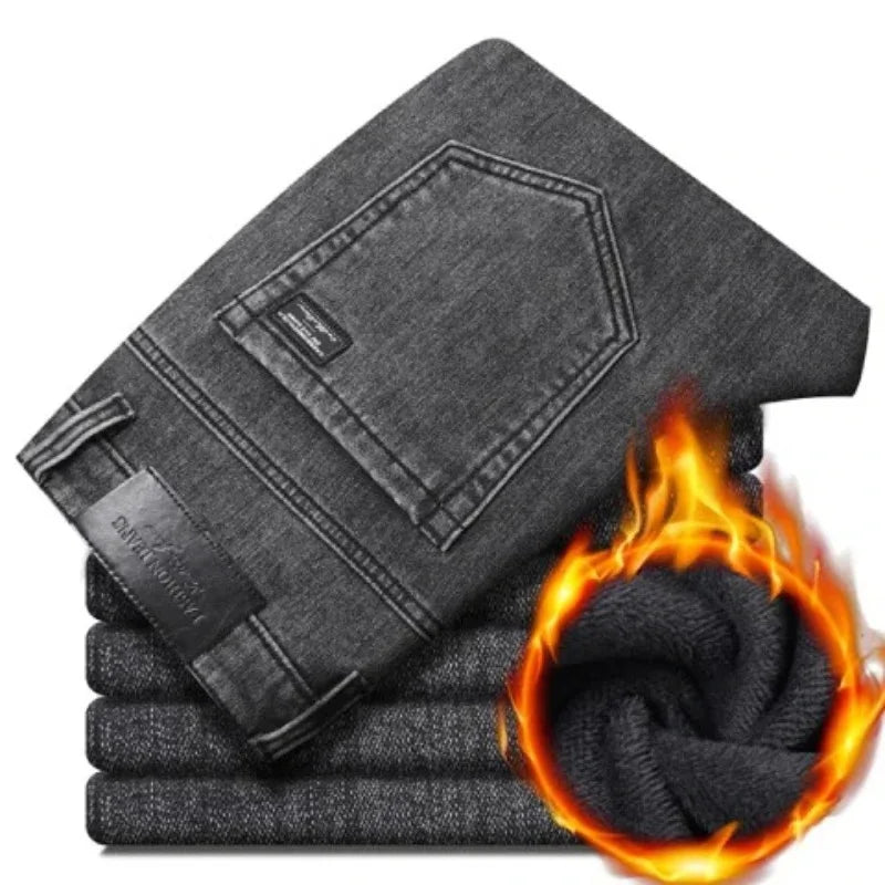 Winter Warm Jeans Men's Slim Straight Elastic Denim Pants Casual Male Clothing Fashion Plush Trousers New Hot Sale Fashion Jeans