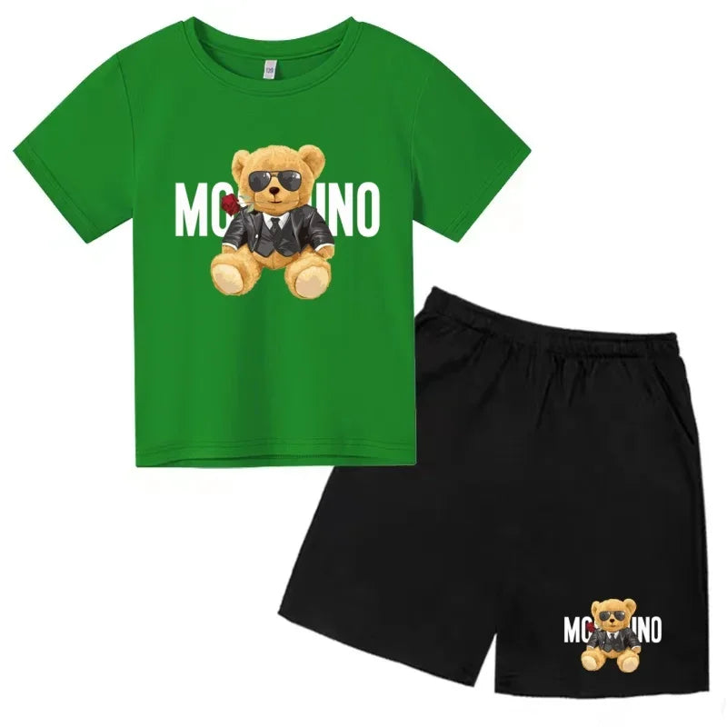 Boys Girls Summer Casual 2Pcs Set Lovely Bear Letter Print T-shirt & Shorts Comfortable Sports Running Suit