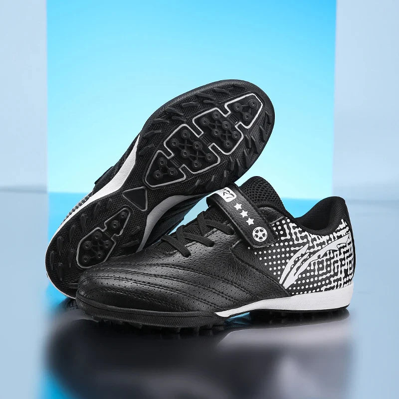 Children's cleat soccer shoes suitable for boys and girls, leather upper, waterproof, rubber non-slip sole, lightweight, Velcro