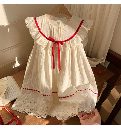 Kid Girl Exquisite Dress Ruffled Lace Collar Trimmed in Red Ribbon Red Dotted Lace Cut Out Embroidery on The Skirt for Children