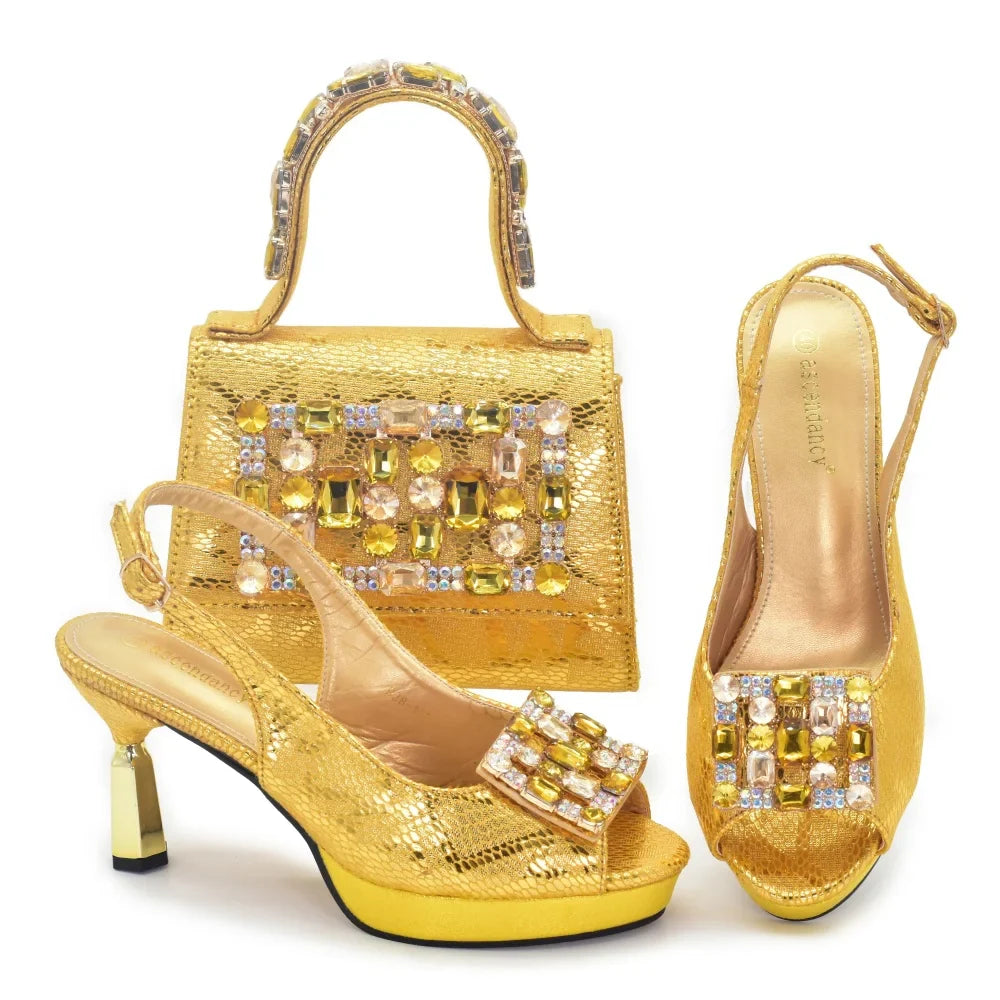 Fashion Bag and Shoe Set Nigeria Party Pumps Women Shoes and Bags To Match Set Italy Lady Rhinestone Pumps Women Luxury