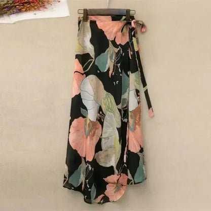2025 New Women's One-Piece Floral Print Skirt High Waist Wrap Chiffon Beach Dress with Tie Waist Summer Vacation Boho Style