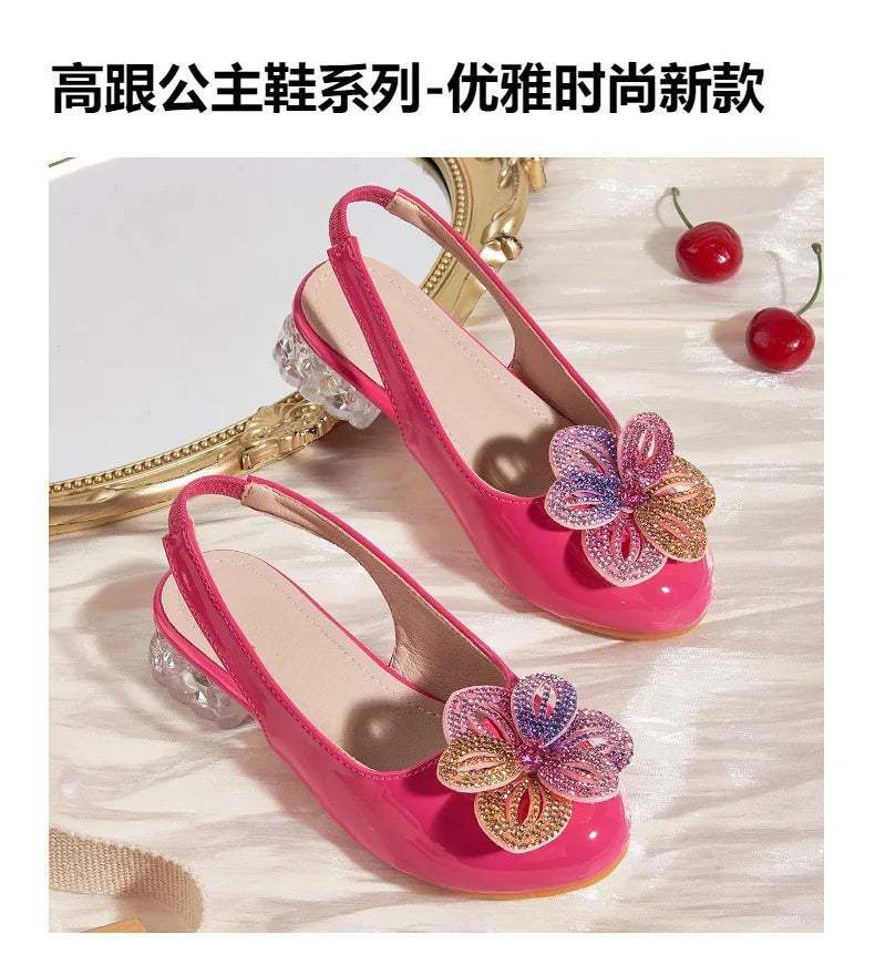 Summer New Children's High Heels Girls' Crystal Princess Shoes Hollow Heel Round Toe Fashion Flower Baby Girls' Sandals Rose Red