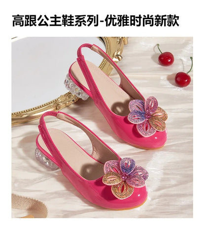 Summer New Children's High Heels Girls' Crystal Princess Shoes Hollow Heel Round Toe Fashion Flower Baby Girls' Sandals Rose Red
